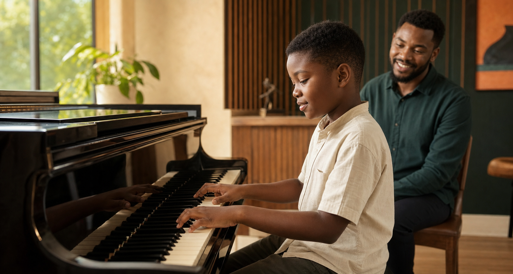 A young pianist receiving a focused lesson at a real acoustic piano